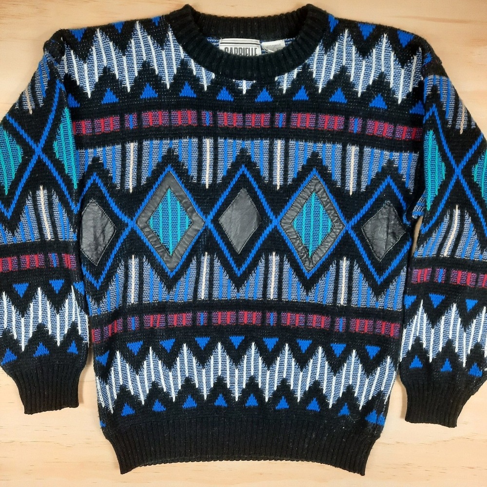 Vintage Gabrielle Mens Style Knit Sweater LPatch‎ Blue Black Size Small